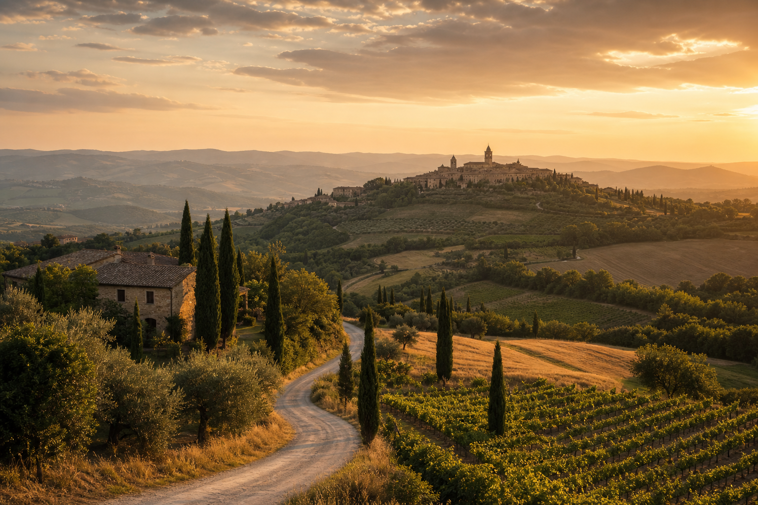 Italian countryside with cypress trees, vineyards and a hill town at golden hour