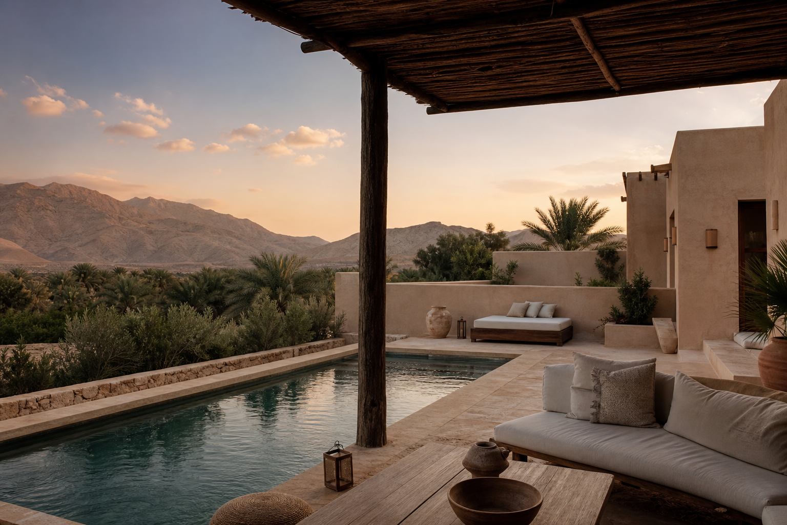 Quiet Omani chalet courtyard with pool, palms and mountain horizon