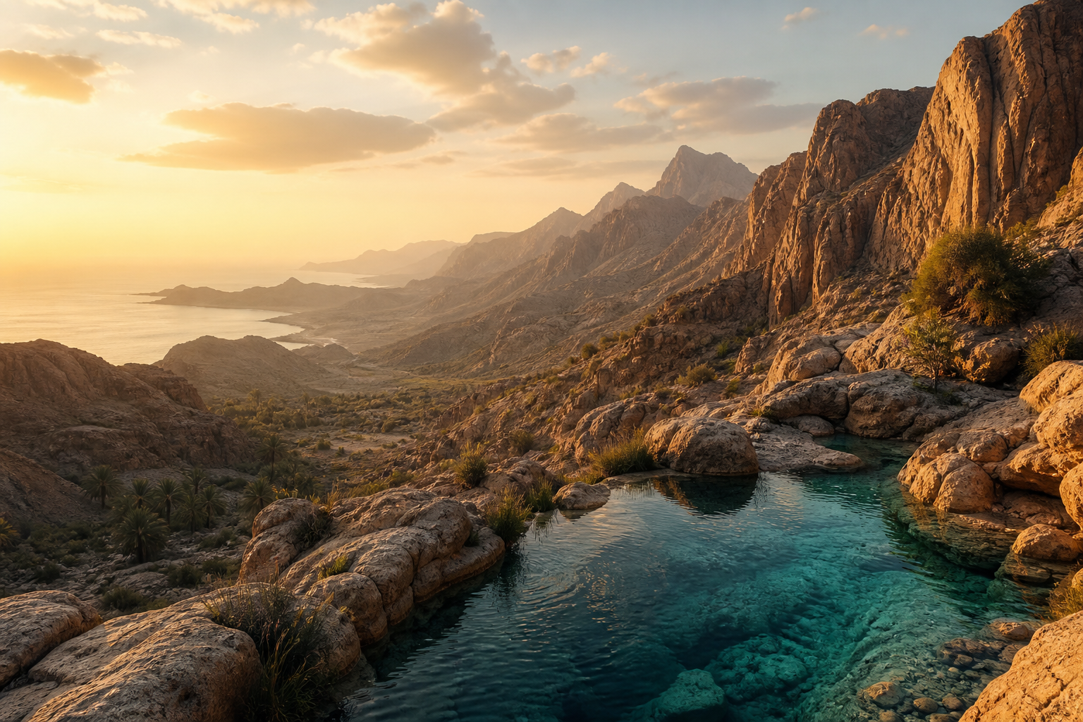 A natural Oman panorama with mountain canyon, clear wadi water and warm golden light