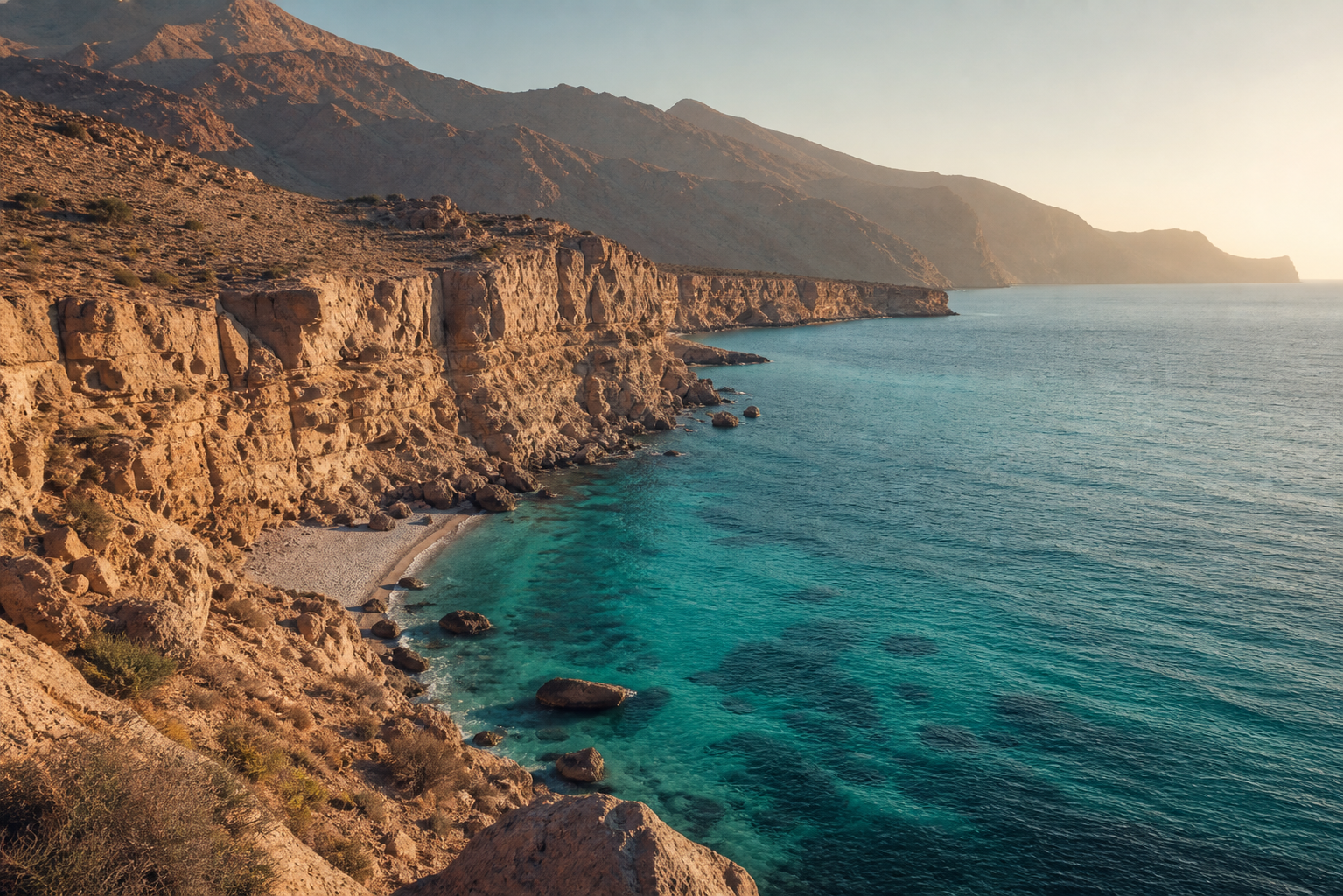 Rugged Oman coastline near Tiwi with clear turquoise water and warm mountain light