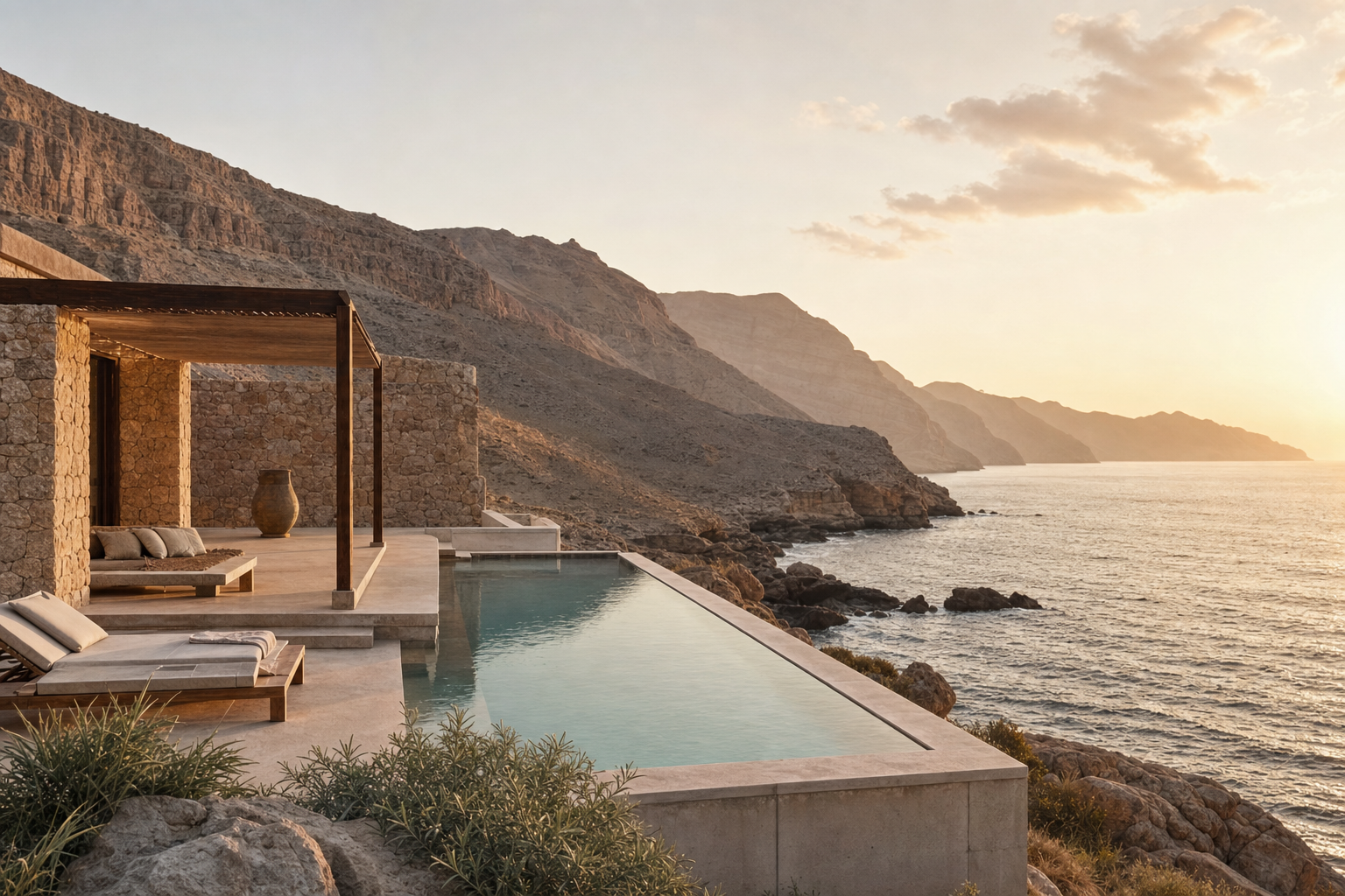 Private coastal villa terrace with pool facing the Oman coastline