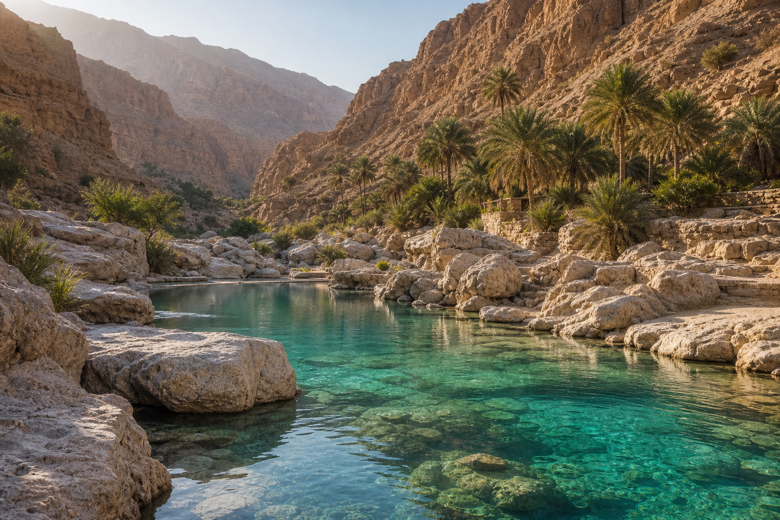 Clear turquoise wadi pools between limestone canyon walls in Oman